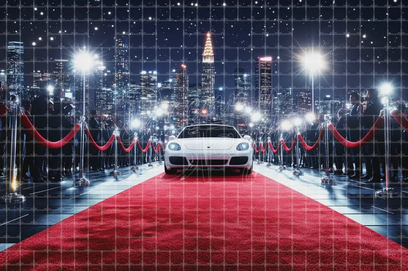 Red Carpet Luxury Car digital backdrop and photo booth background for VIP Photo Booth Awards Night Event and Party Decor, ideal for event decor, local printing, projector screens, LED displays, and themed stage backgrounds.