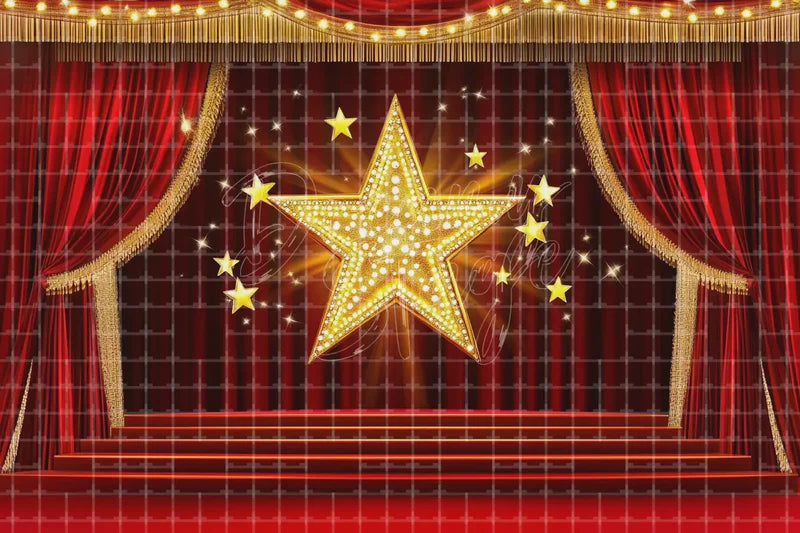 Red Star Curtain Stage digital backdrop and photo booth background for Talent Show Photo Booth Event Decor and Theatre Performance, ideal for event decor, local printing, projector screens, LED displays, and themed stage backgrounds.