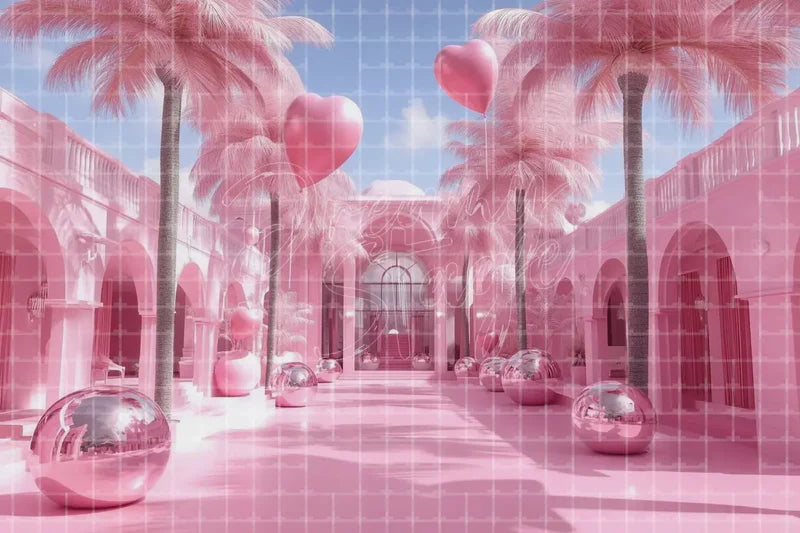 Pink Palm City Street digital backdrop and photo booth background for Barbie Inspired Party Photo Booth Event Decor and Stage Scene, ideal for event decor, local printing, projector screens, LED displays, and themed stage backgrounds.