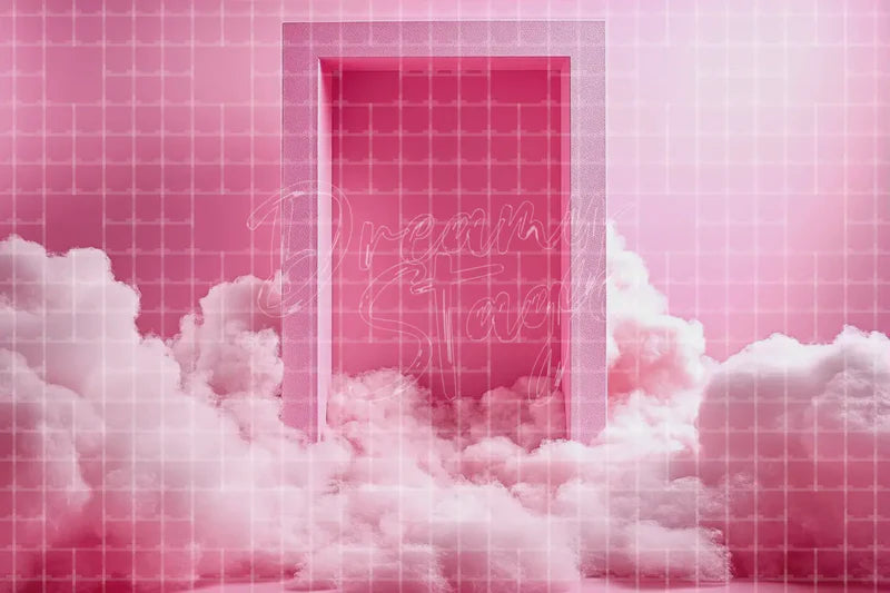 Pink Cloud Door Portal digital backdrop and photo booth background for Dreamy Photo Booth Baby Shower Decor and Event Background, ideal for event decor, local printing, projector screens, LED displays, and themed stage backgrounds.