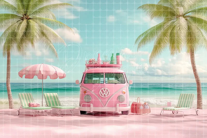 Pink Beach Van digital backdrop and photo booth background for Summer Photo Booth Tropical Party Decor and Event Background, ideal for event decor, local printing, projector screens, LED displays, and themed stage backgrounds.