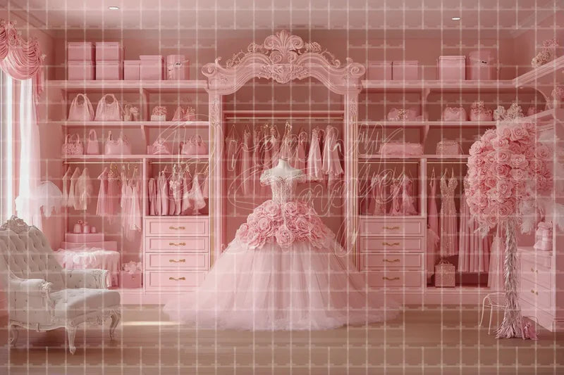 Pink Bridal Dressing Room digital backdrop and photo booth background for Wedding Photo Booth Boutique Event Decor and Stage Interior, ideal for event decor, local printing, projector screens, LED displays, and themed stage backgrounds.