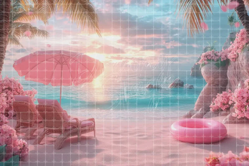 Pink Beach Umbrella digital backdrop and photo booth background for Summer Photo Booth Pool Party Decor and Tropical Event Background, ideal for event decor, local printing, projector screens, LED displays, and themed stage backgrounds.