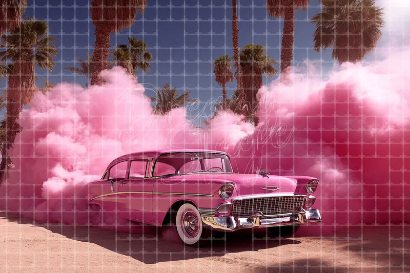 Pink Vintage Car Smoke digital backdrop and photo booth background for Retro Photo Booth Fashion Party Decor and Event Background, ideal for event decor, local printing, projector screens, LED displays, and themed stage backgrounds.