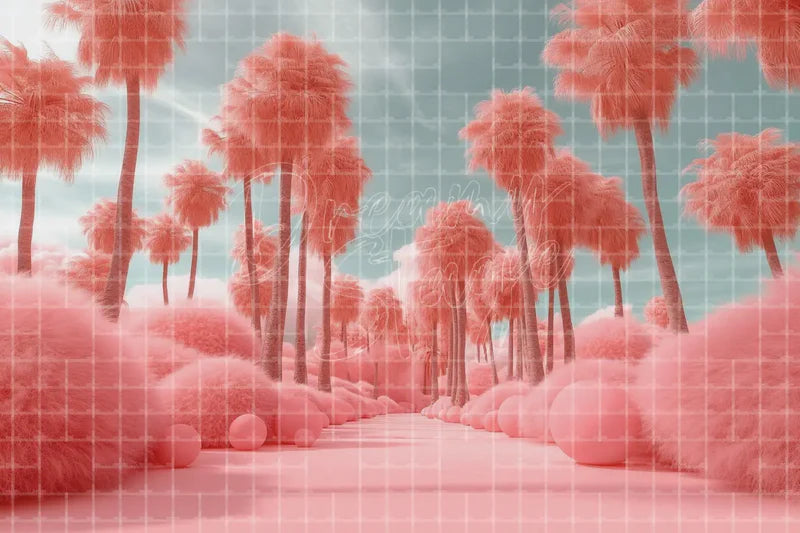 Pink Palm Tree Road digital backdrop and photo booth background for Tropical Photo Booth Birthday Event Decor and Stage Background, ideal for event decor, local printing, projector screens, LED displays, and themed stage backgrounds.
