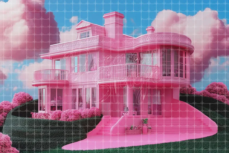Pink Mansion Exterior digital backdrop and photo booth background for Glam Photo Booth Birthday Party Decor and Event Background, ideal for event decor, local printing, projector screens, LED displays, and themed stage backgrounds.