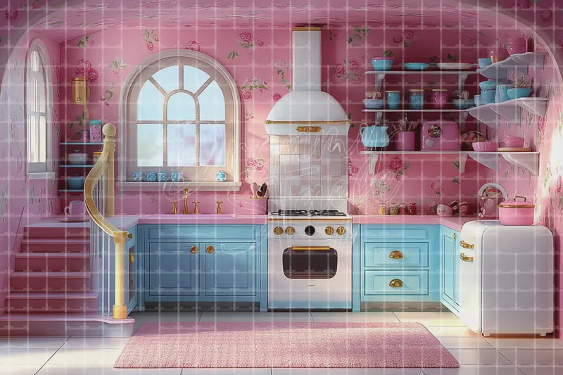 Pink Kitchen Interior digital backdrop and photo booth background for Birthday Photo Booth Party Decor and Studio Background, ideal for event decor, local printing, projector screens, LED displays, and themed stage backgrounds.