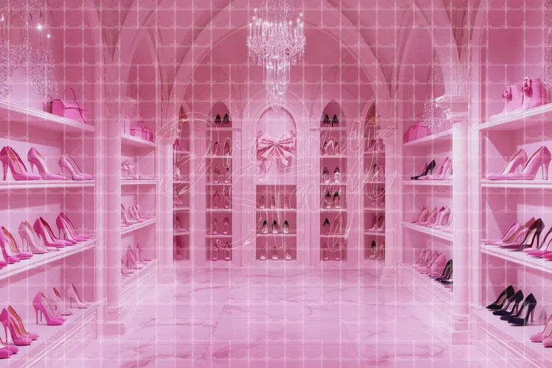 Pink Boutique Shelf digital backdrop and photo booth background for Fashion Photo Booth Party Decor and Event Display Background, ideal for event decor, local printing, projector screens, LED displays, and themed stage backgrounds.