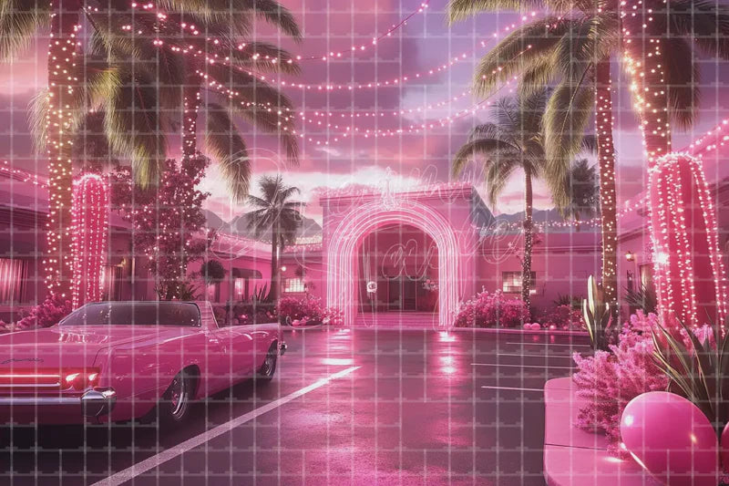 Pink Car Night Driveway digital backdrop and photo booth background for Glam Photo Booth Fashion Party and Event Decor, ideal for event decor, local printing, projector screens, LED displays, and themed stage backgrounds.