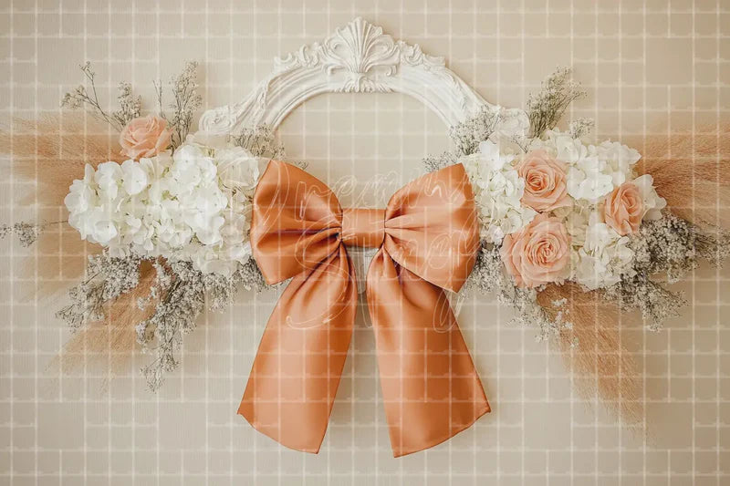 Cream Bow Floral digital backdrop and photo booth background for Wedding Photo Booth Baby Shower Decor and Elegant Event Background, ideal for event decor, local printing, projector screens, LED displays, and themed stage backgrounds.