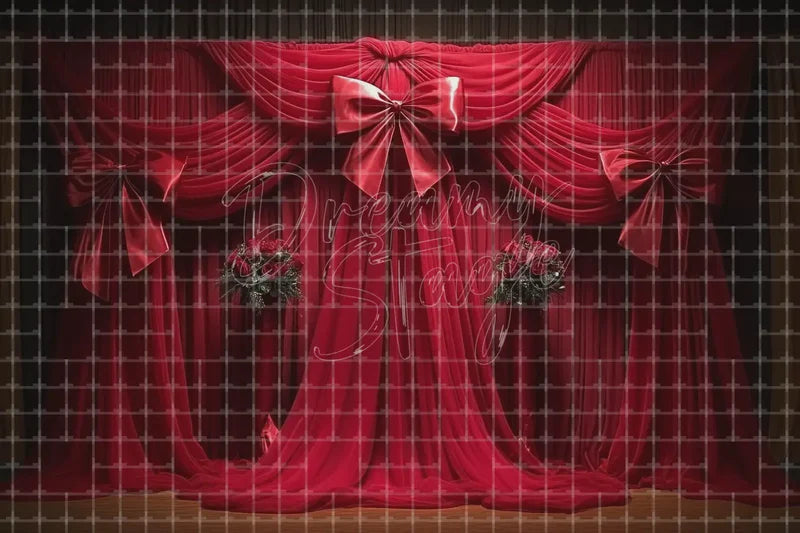 Red Velvet Curtain Bow digital backdrop and photo booth background for Luxury Photo Booth Holiday Event Decor and Stage Background, ideal for event decor, local printing, projector screens, LED displays, and themed stage backgrounds.