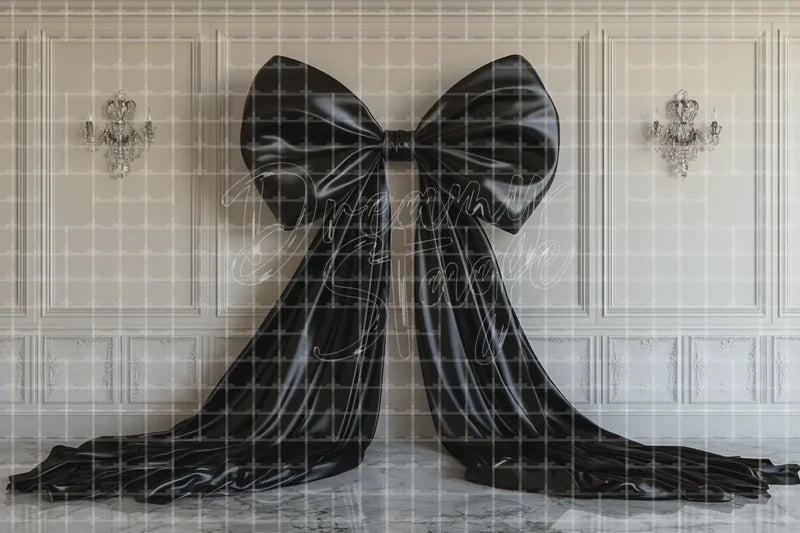 Black Bow White Wall digital backdrop and photo booth background for Elegant Photo Booth Fashion Event Decor and Party Background, ideal for event decor, local printing, projector screens, LED displays, and themed stage backgrounds.