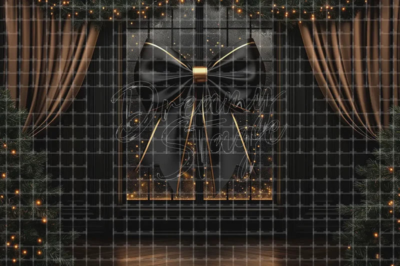 Black Bow Dark Curtain digital backdrop and photo booth background for Luxury Photo Booth Christmas Event Decor and Stage Background, ideal for event decor, local printing, projector screens, LED displays, and themed stage backgrounds.