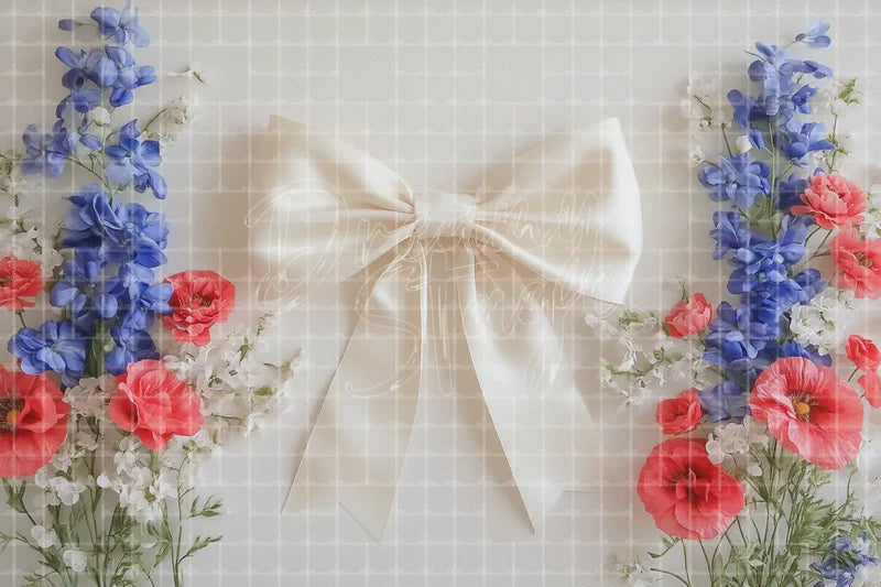 White Bow Floral digital backdrop and photo booth background for Bridal Shower Photo Booth Wedding Decor and Event Background, ideal for event decor, local printing, projector screens, LED displays, and themed stage backgrounds.