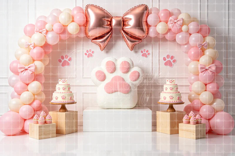 Pink Bow Balloon Party digital backdrop and photo booth background for Birthday Photo Booth Baby Shower Decor and Event Background, ideal for event decor, local printing, projector screens, LED displays, and themed stage backgrounds.