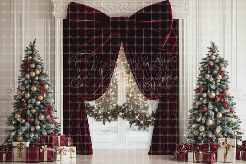Burgundy Bow Christmas Window digital backdrop and photo booth background for Holiday Photo Booth Party Decor and Event Background, ideal for event decor, local printing, projector screens, LED displays, and themed stage backgrounds.