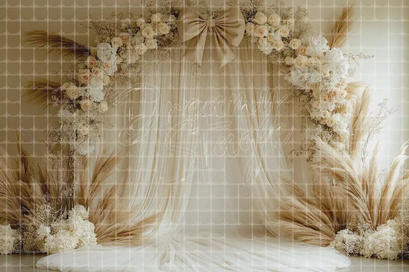 Boho White Draped Floral digital backdrop and photo booth background for Wedding Photo Booth Ceremony Decor and Event Background, ideal for event decor, local printing, projector screens, LED displays, and themed stage backgrounds.