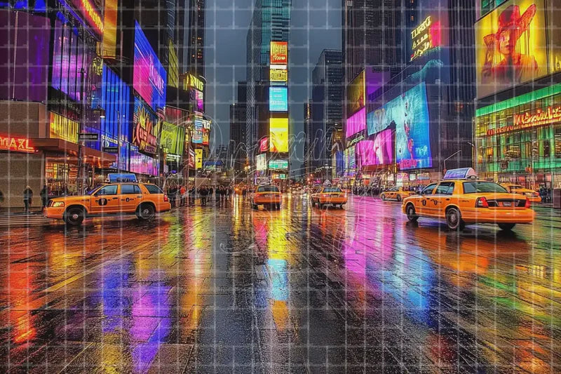 Rainy Neon City Street digital backdrop and photo booth background for Urban Photo Booth Night Event Decor and Theatre Stage Scene, ideal for event decor, local printing, projector screens, LED displays, and themed stage backgrounds.