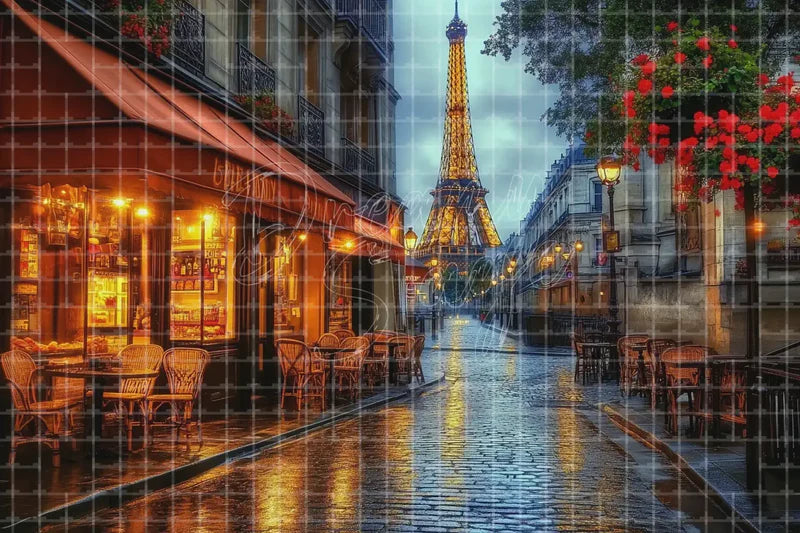 Paris Rainy Cafe Street digital backdrop and photo booth background for Romantic Photo Booth Travel Event Decor and Theatre Stage Scene, ideal for event decor, local printing, projector screens, LED displays, and themed stage backgrounds.