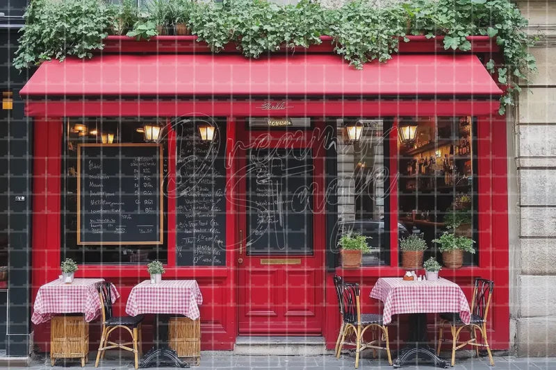 Red Paris Cafe digital backdrop and photo booth background for French Bistro Photo Booth Travel Party Decor and Event Background, ideal for event decor, local printing, projector screens, LED displays, and themed stage backgrounds.