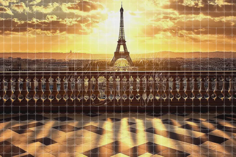 Eiffel Tower Terrace Sunset digital backdrop and photo booth background for Paris Photo Booth Romantic Event Decor and Travel Background, ideal for event decor, local printing, projector screens, LED displays, and themed stage backgrounds.