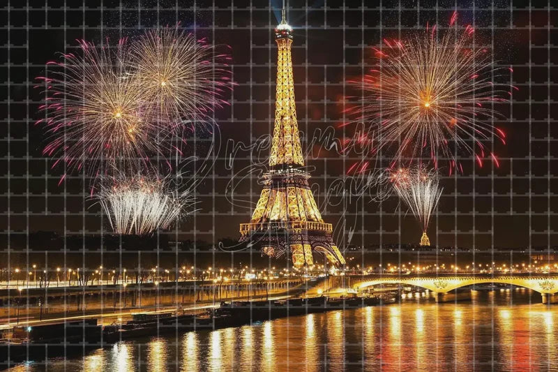 Paris Eiffel Tower Fireworks digital backdrop and photo booth background for Travel Photo Booth Celebration Event and Stage Background, ideal for event decor, local printing, projector screens, LED displays, and themed stage backgrounds.
