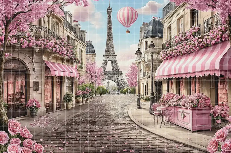 Paris Cherry Blossom Street digital backdrop and photo booth background for Spring Photo Booth French Travel Event Decor, ideal for event decor, local printing, projector screens, LED displays, and themed stage backgrounds.