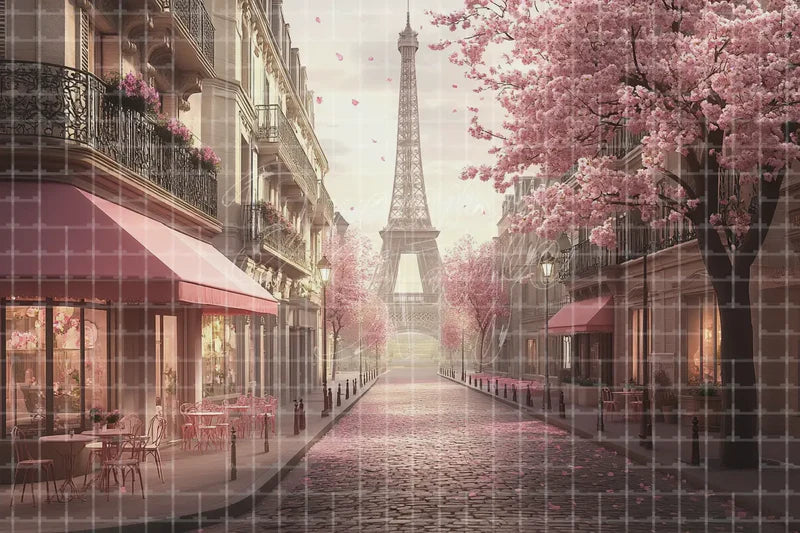 Paris Romantic Street digital backdrop and photo booth background for French Cafe Photo Booth Travel Event Decor and Stage Background, ideal for event decor, local printing, projector screens, LED displays, and themed stage backgrounds.
