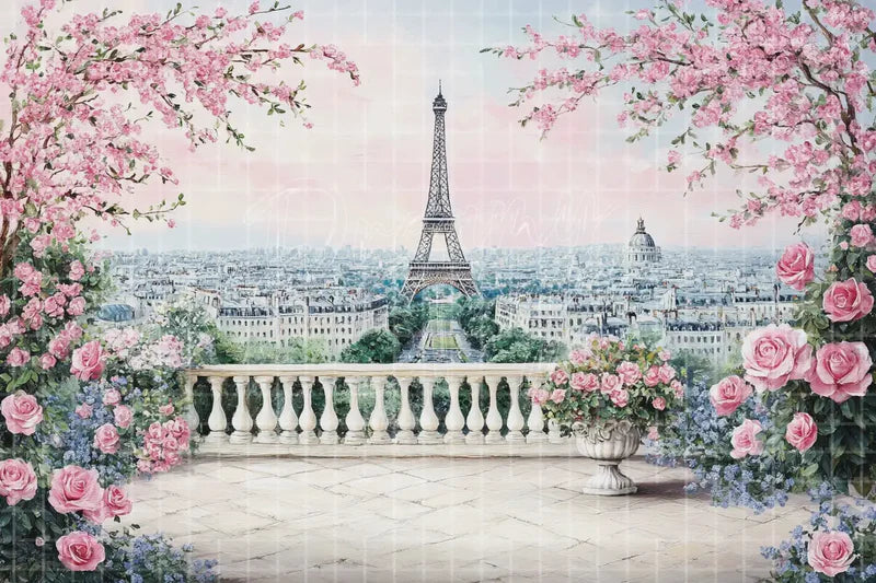 Eiffel Tower Floral Balcony digital backdrop and photo booth background for Paris Wedding Photo Booth Romantic Event Decor, ideal for event decor, local printing, projector screens, LED displays, and themed stage backgrounds.