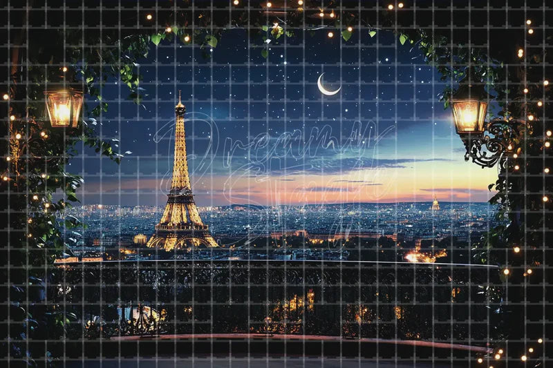 Eiffel Tower Night View digital backdrop and photo booth background for Paris Photo Booth Travel Event Decor and Stage Background, ideal for event decor, local printing, projector screens, LED displays, and themed stage backgrounds.