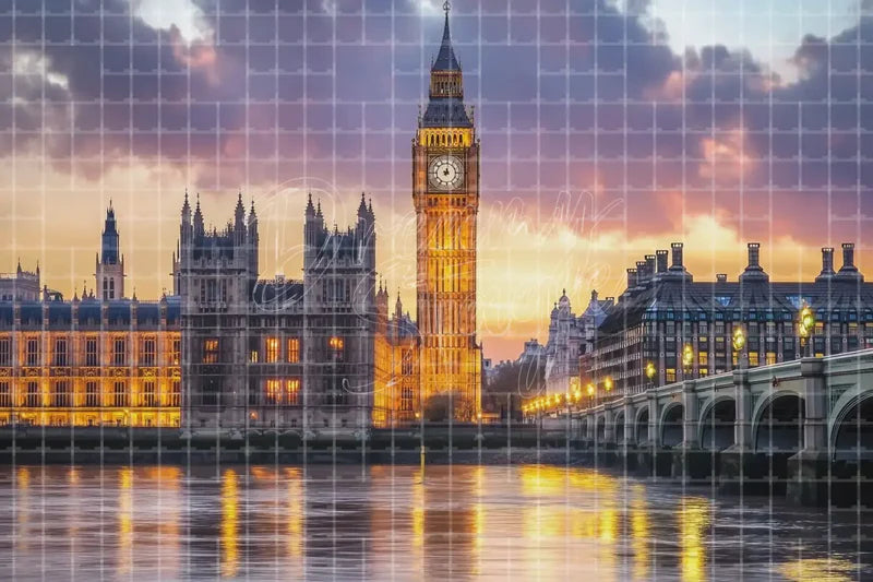London Big Ben Sunset digital backdrop and photo booth background for British Travel Photo Booth Event Decor and Stage Background, ideal for event decor, local printing, projector screens, LED displays, and themed stage backgrounds.