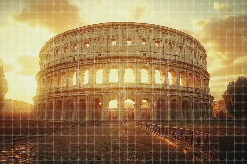 Roman Colosseum Sunset digital backdrop and photo booth background for Italy Travel Photo Booth Historical Event and Theatre Background, ideal for event decor, local printing, projector screens, LED displays, and themed stage backgrounds.