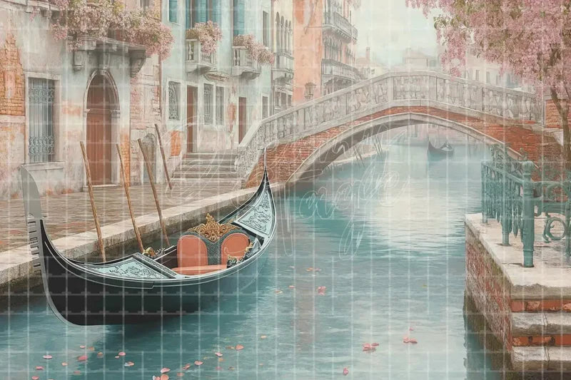 Pastel Venice Canal Bridge digital backdrop and photo booth background for Italy Photo Booth Travel Event Decor and Romantic Background, ideal for event decor, local printing, projector screens, LED displays, and themed stage backgrounds.