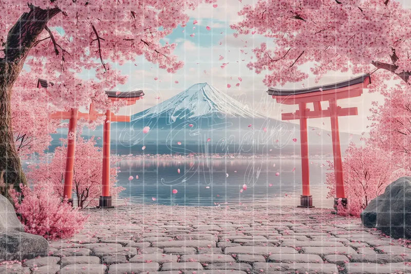 Japan Torii Gate Mount Fuji digital backdrop and photo booth background for Asian Travel Photo Booth Event and Stage Background, ideal for event decor, local printing, projector screens, LED displays, and themed stage backgrounds.