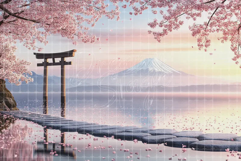 Torii Gate Lake Sunset digital backdrop and photo booth background for Japan Travel Photo Booth Cultural Event and Stage Scene, ideal for event decor, local printing, projector screens, LED displays, and themed stage backgrounds.