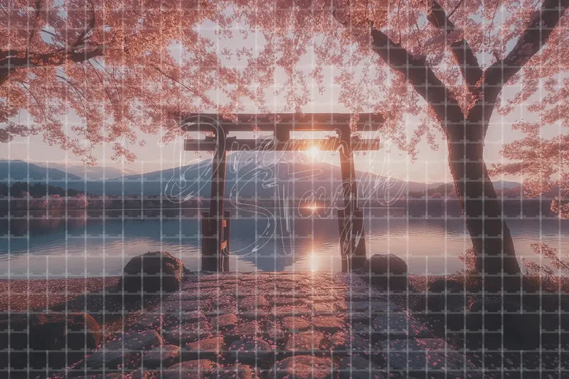 Cherry Blossom Lake Sunset digital backdrop and photo booth background for Japan Photo Booth Spring Event Decor and Travel Background, ideal for event decor, local printing, projector screens, LED displays, and themed stage backgrounds.