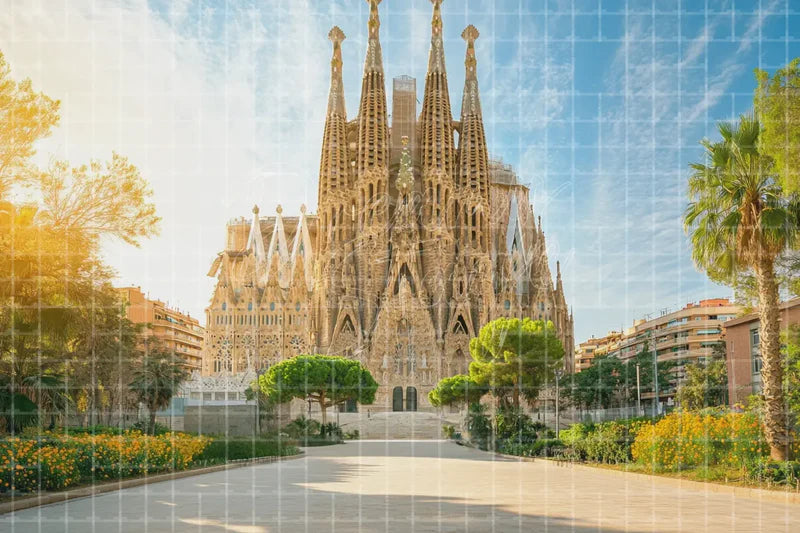 Sagrada Familia Barcelona digital backdrop and photo booth background for Spain Travel Photo Booth Event Decor and Stage Background, ideal for event decor, local printing, projector screens, LED displays, and themed stage backgrounds.