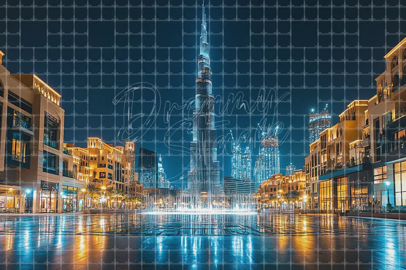 Dubai Marina Skyline digital backdrop and photo booth background for Luxury Travel Photo Booth Event Decor and Stage Background, ideal for event decor, local printing, projector screens, LED displays, and themed stage backgrounds.