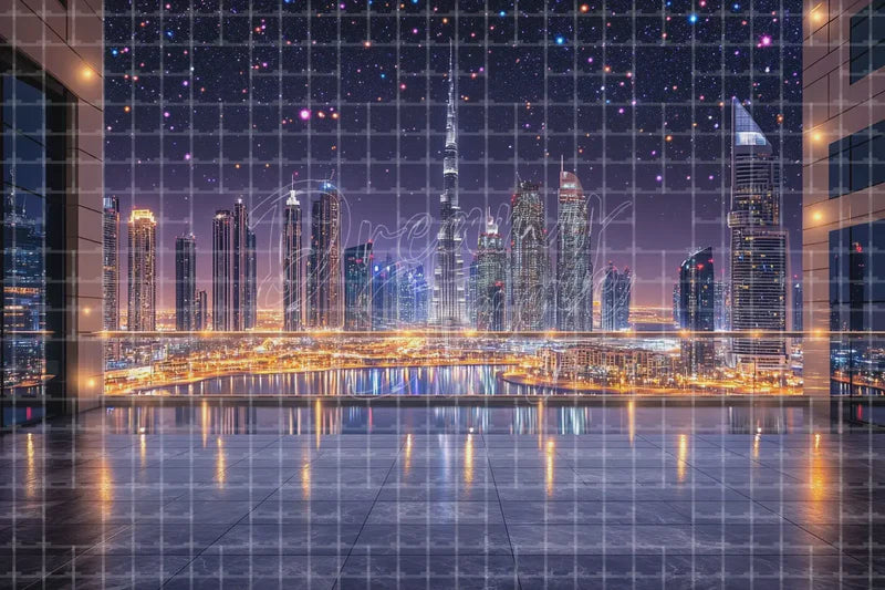 Dubai Fireworks Skyline digital backdrop and photo booth background for New Year Travel Photo Booth Event and Stage Background, ideal for event decor, local printing, projector screens, LED displays, and themed stage backgrounds.