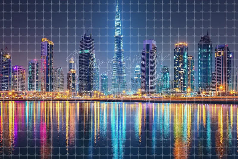 Dubai City Skyline digital backdrop and photo booth background for Modern Travel Photo Booth Event Decor and Projection Background, ideal for event decor, local printing, projector screens, LED displays, and themed stage backgrounds.