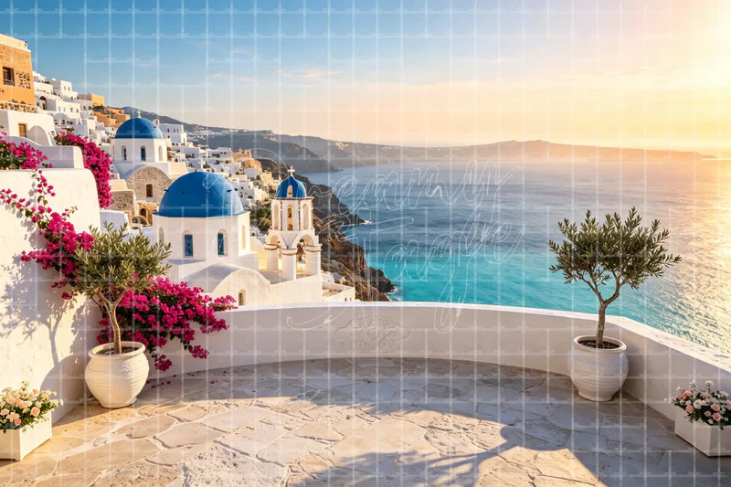 Santorini Sea View Balcony digital backdrop and photo booth background for Greece Photo Booth Wedding Event and Travel Decor, ideal for event decor, local printing, projector screens, LED displays, and themed stage backgrounds.