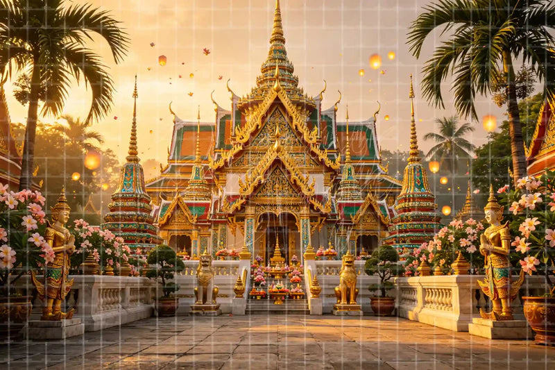 Thai Temple Sunset digital backdrop and photo booth background for Asian Travel Photo Booth Cultural Event and Stage Background, ideal for event decor, local printing, projector screens, LED displays, and themed stage backgrounds.