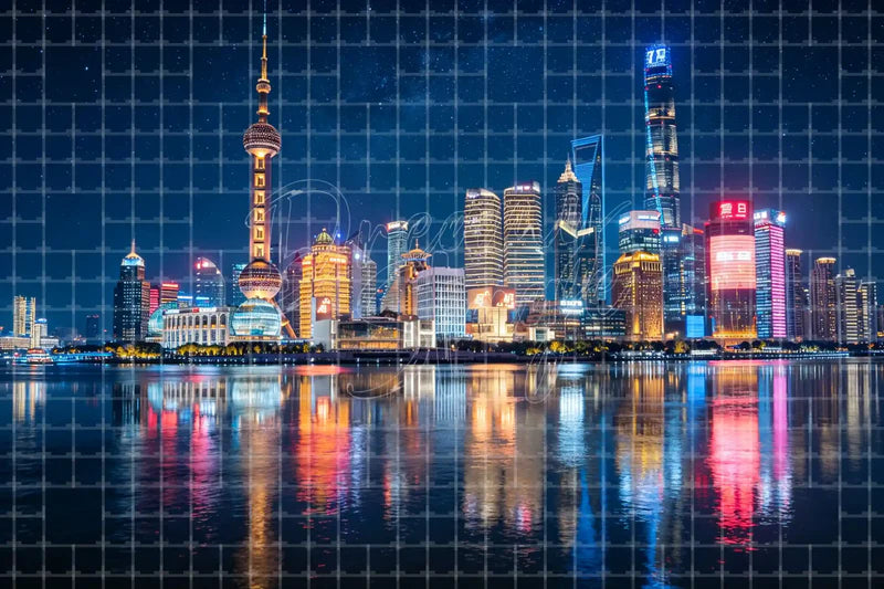 Shanghai Skyline Night digital backdrop and photo booth background for China Travel Photo Booth Event Decor and Stage Background, ideal for event decor, local printing, projector screens, LED displays, and themed stage backgrounds.