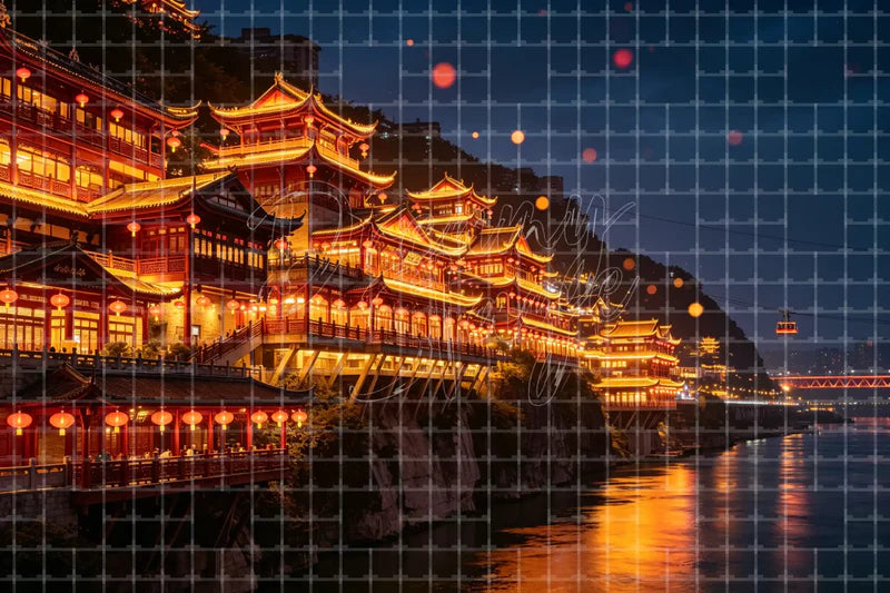 Chinese Riverside Stilt Houses digital backdrop and photo booth background for Asian Travel Photo Booth Cultural Event Background, ideal for event decor, local printing, projector screens, LED displays, and themed stage backgrounds.