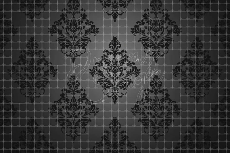 Black Damask Pattern digital backdrop and photo booth background for Vintage Photo Booth Luxury Event Decor and Theatre Background, ideal for event decor, local printing, projector screens, LED displays, and themed stage backgrounds.