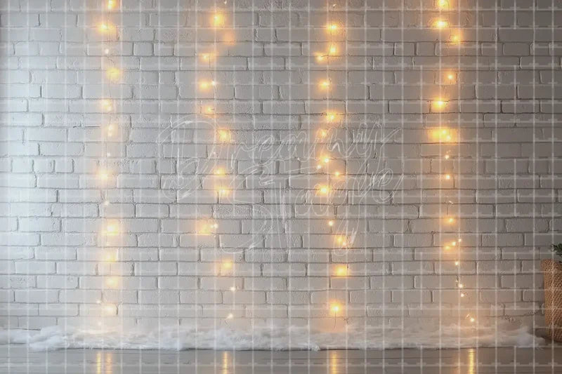 String Lights Brick Wall digital backdrop and photo booth background for Cozy Photo Booth Wedding Event Decor and Party Background, ideal for event decor, local printing, projector screens, LED displays, and themed stage backgrounds.