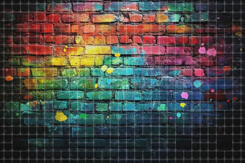 Rainbow Painted Brick Wall digital backdrop and photo booth background for Colorful Photo Booth Pride Event Decor and Stage Background, ideal for event decor, local printing, projector screens, LED displays, and themed stage backgrounds.