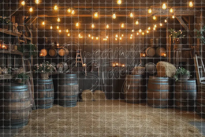 Barn Interior String Lights digital backdrop and photo booth background for Rustic Wedding Photo Booth Farm Event Decor and Stage Scene, ideal for event decor, local printing, projector screens, LED displays, and themed stage backgrounds.