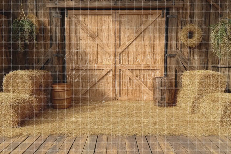 Hay Bale Barn Door digital backdrop and photo booth background for Country Photo Booth Farm Event Decor and Western Stage Background, ideal for event decor, local printing, projector screens, LED displays, and themed stage backgrounds.