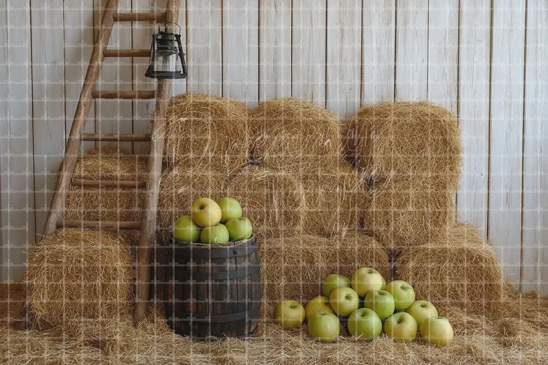 Hay Bale Farmhouse digital backdrop and photo booth background for Rustic Photo Booth Harvest Event Decor and Country Background, ideal for event decor, local printing, projector screens, LED displays, and themed stage backgrounds.